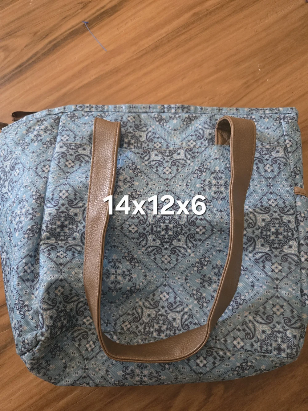 4/$15 Boho Beach Bag Quilted Blue Paisley Lunch Cooler  Tote Bag Tan Handles